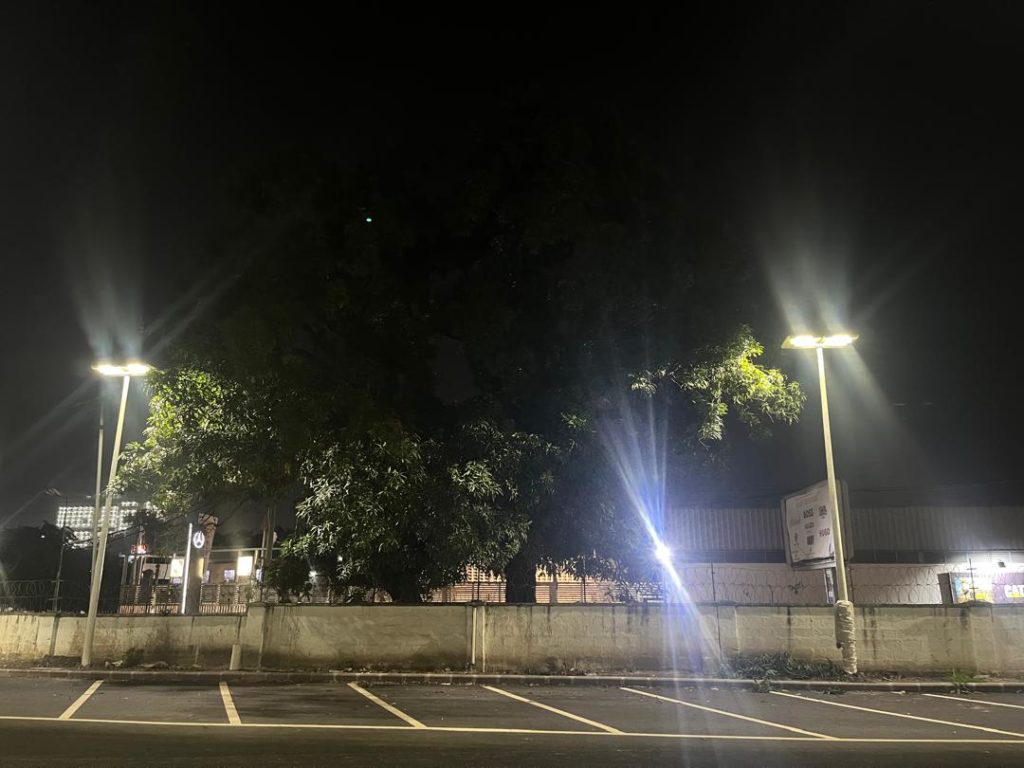 Solar lighting in the Silikin Village car park in Kinshasa.