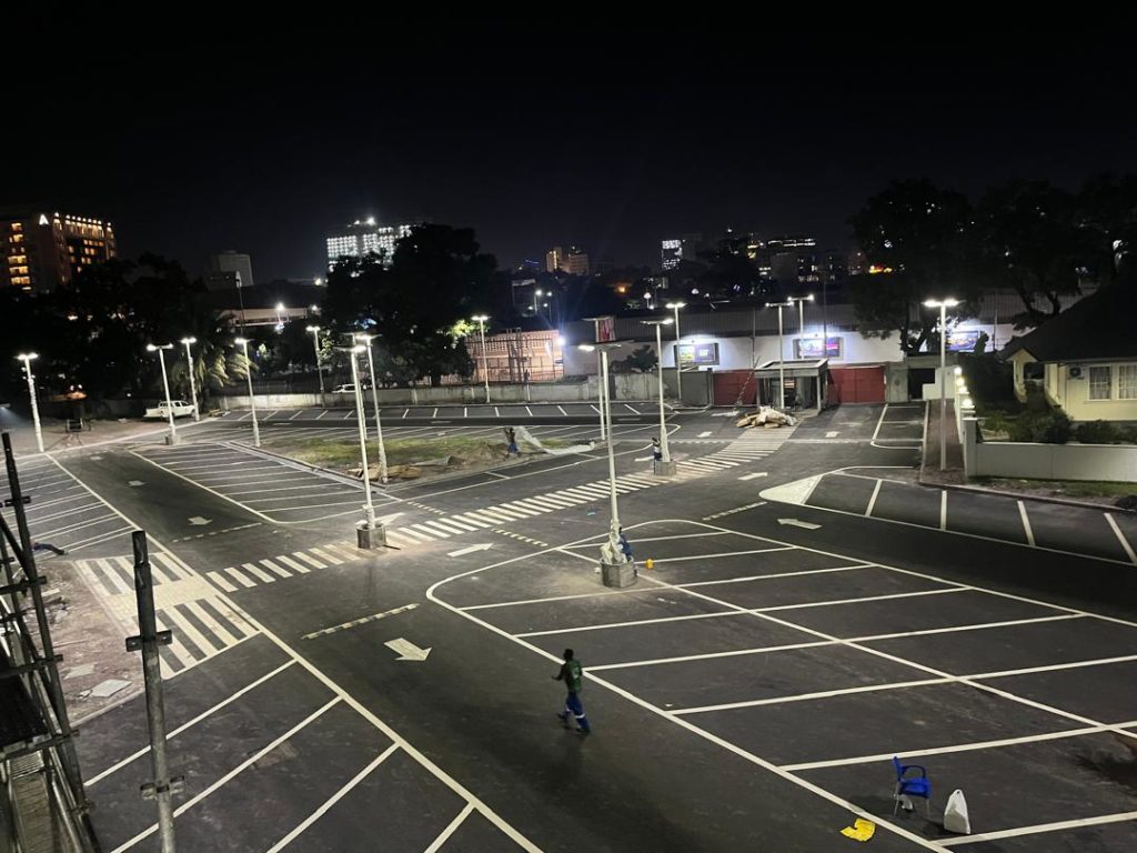 Solar lighting in the parking lot of the Silikin Village campus in Kinshasa.