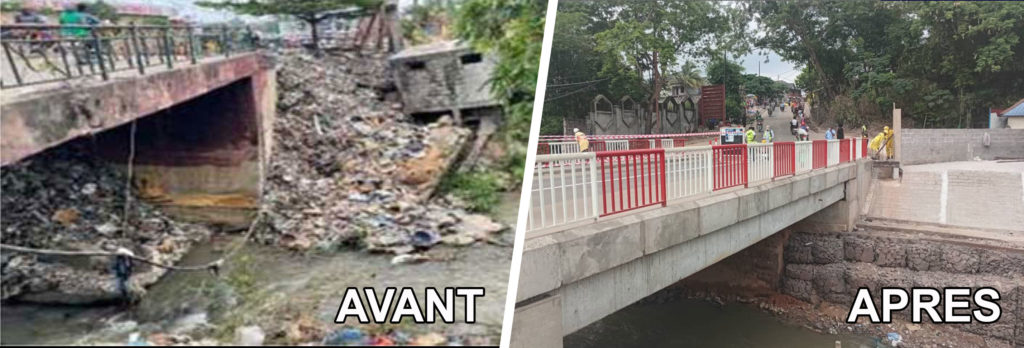 Avant et après la reconstruction du pont Mfusu à Kinshasa.